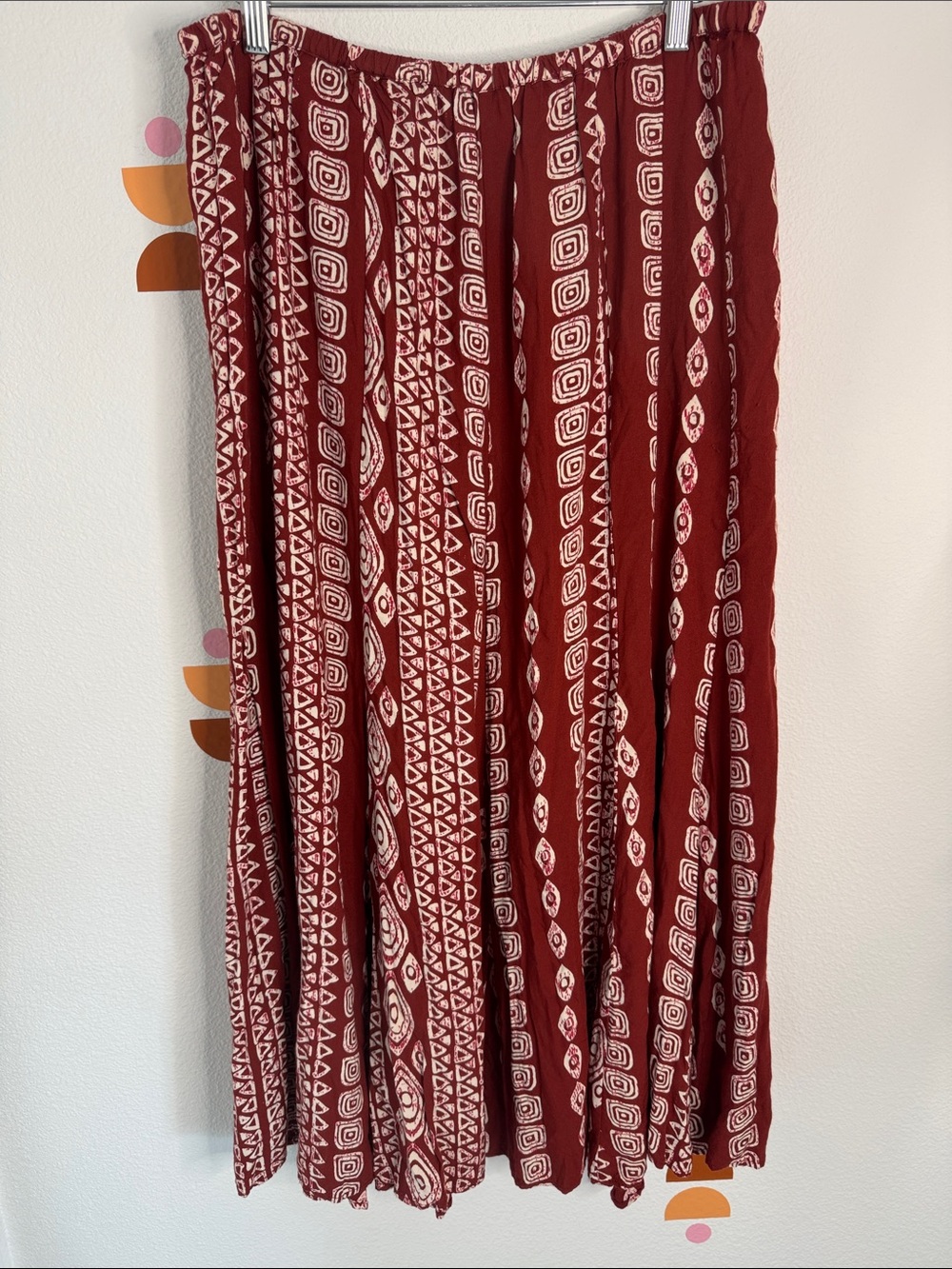 Nostalgia Rust Red Maxi Skirt with Cream Geometric Print N0282